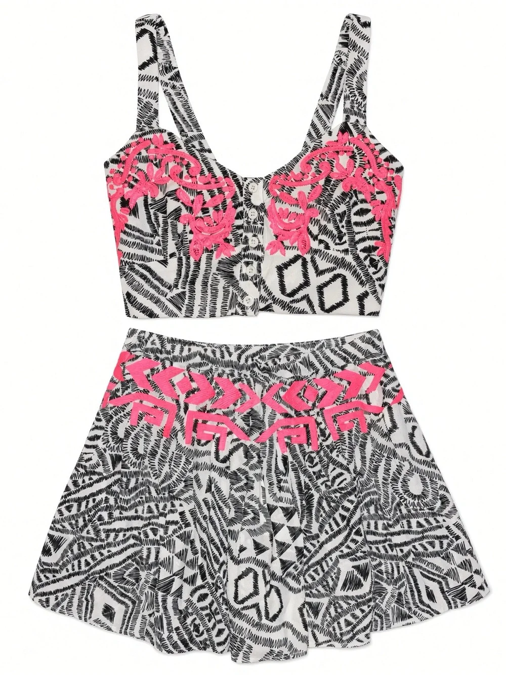 Millau Black+White Print 2-PC Crop Top+Skirt Set W/Hot Pink Embroidery-XS💖NWT